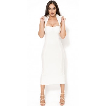 Vamp' white midi bandage dress with high collar